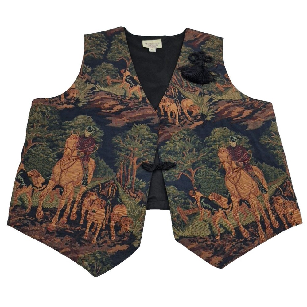 Vintage Beaucoup Design Equestrian Brocade Tapestry Vest Sz XL Fox Hunt & Hounds